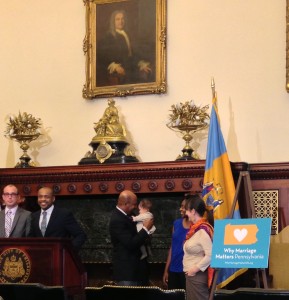 Philadelphia Mayor Michael Nutter discusses the case with two Whitewood plaintiffs and their newborn baby. Reggie Shulford, ACLU of PA Executive Director, and Shawn Werner of the Freedom to Marry stand at the podium.